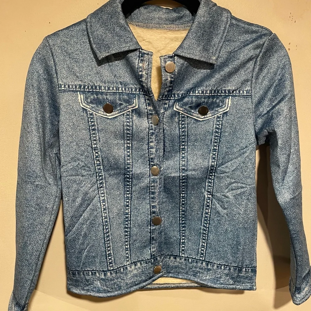 Kids Faux Denim Jacket Size 7–8 | Blue Button Front |Soft Lined Casual Coat NWOT